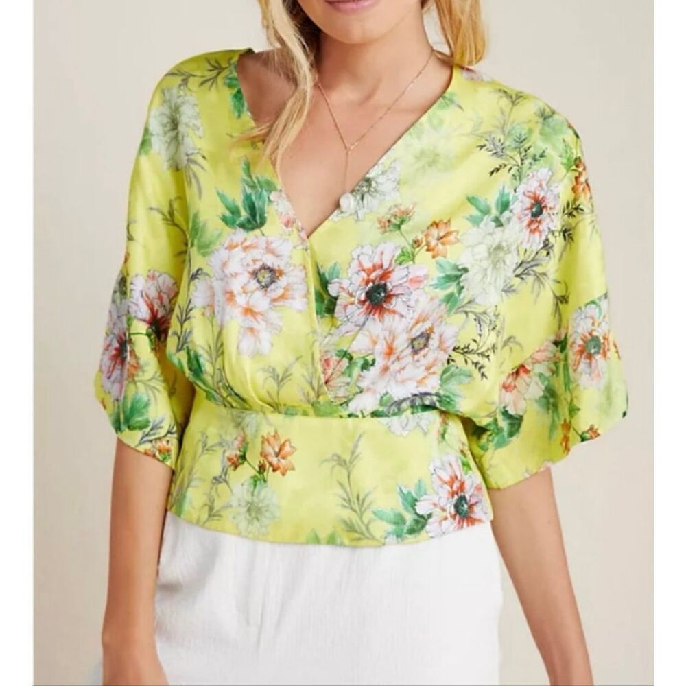 Anthropologie Yellow Floral Silk Blend Blouse Size 8 New